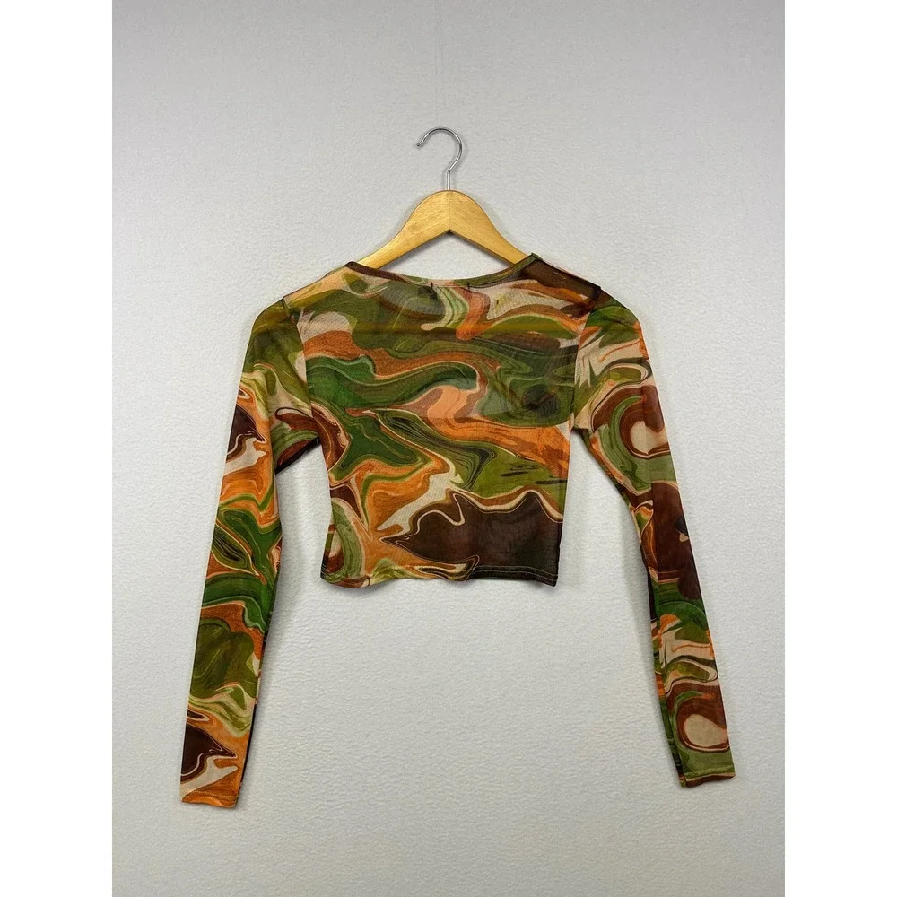 PrettyLittleThing Marble Mesh Cutout Festival Womens 4 Green Orange Crop Top